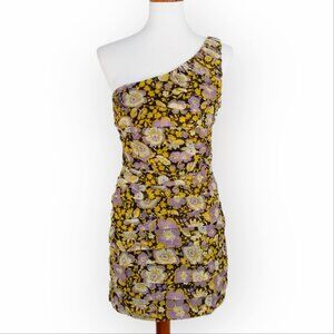 Zara One Shoulder Ruched Mini Dress Size Medium Dark Florals Gold Metallic
